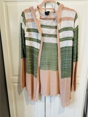 Rue 21  Coral, Cream, Green Striped Hooded Knit Cardigan Sweater Size L